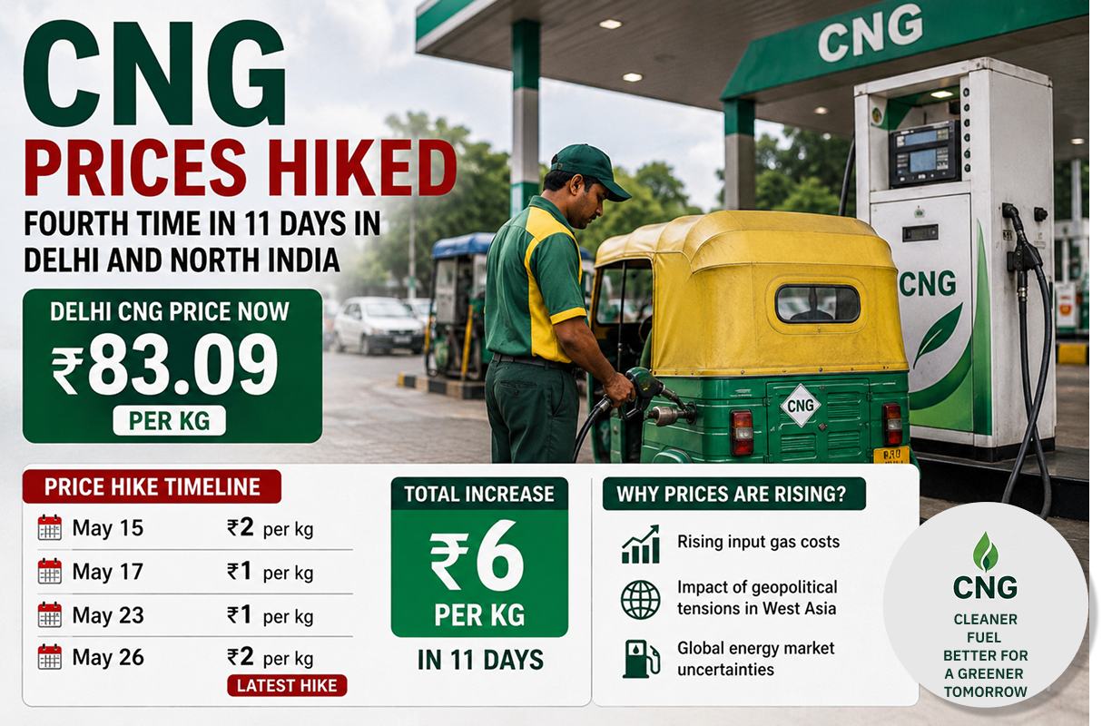 CNG Prices Hiked Again in Delhi and North India; Rates Up ₹6/kg Within 11 Days
