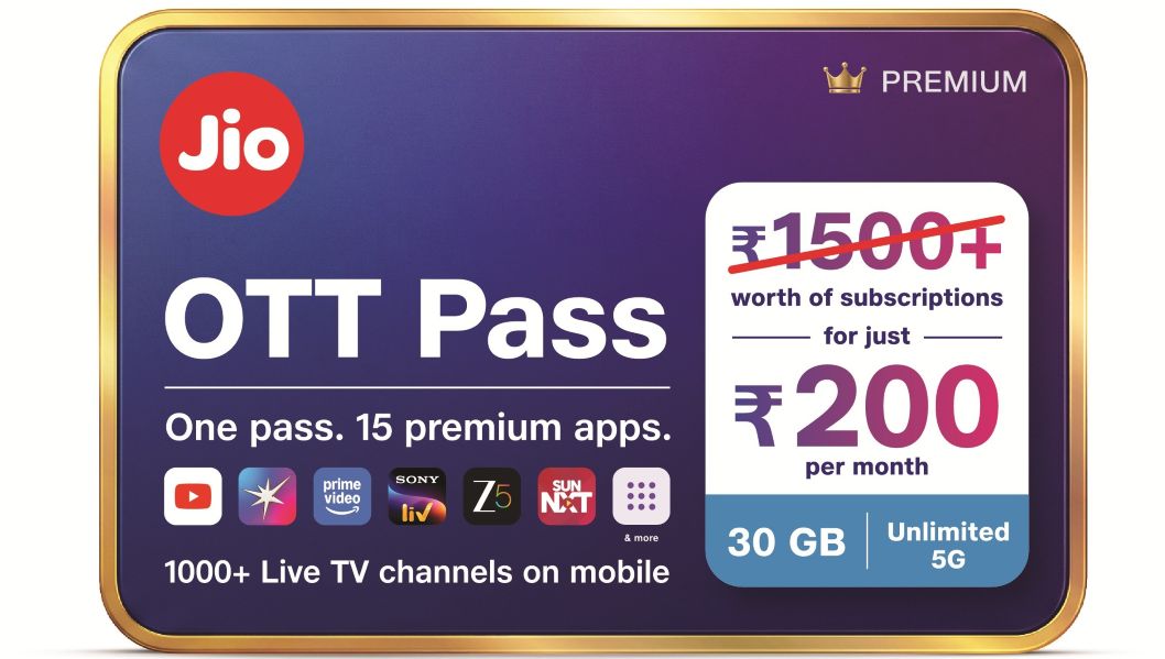 Jio Launches New OTT Pass with 15 Streaming Apps, 1000+ TV Channels and 30GB Data for ₹200